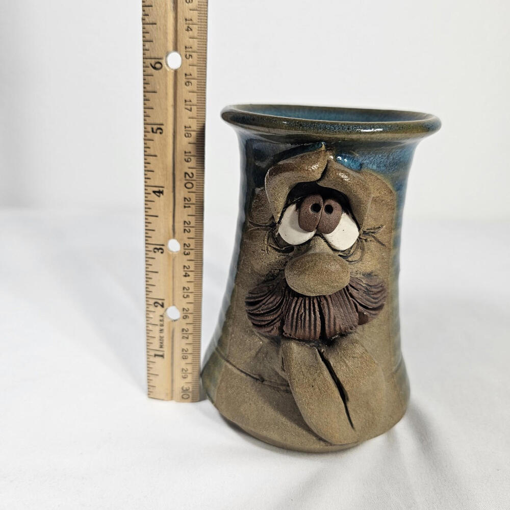 Vintage 1970s 3D Handmade Pottery Ugly Face W/Mustache Coffee/Tea Mug Decorative - Picture 4 of 8